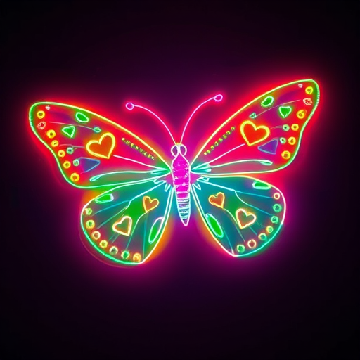 Create a vibrant, neon outline of a butterfly with intricate dots and heart shapes, using a Canon EOS 5D Mark IV, aperture f/4, ISO 100, 50mm lens, shot from an overhead view with a soft focus background.