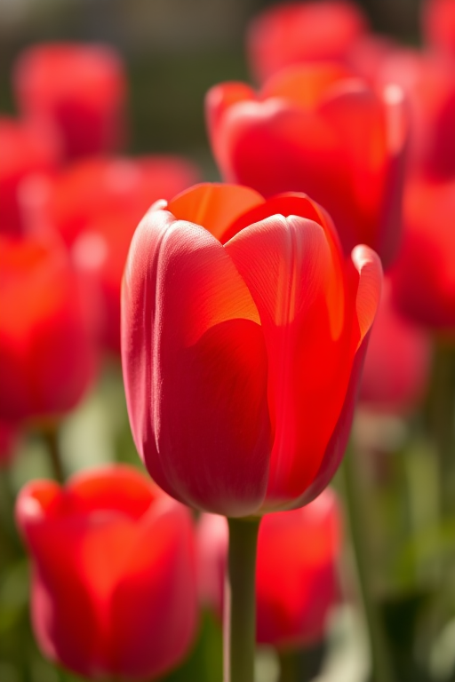 Generate a close-up photograph of a single red tulip with a softly blurred background of tulips, shot with a Canon EOS 5D Mark IV, 50mm lens, aperture f/1.8, shutter speed 1/200s, ISO 100, in natural sunlight to enhance color vibrancy and depth of field.
