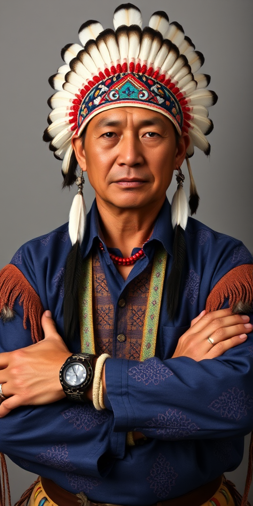 Create a dignified portrait of a Native American man dressed in traditional attire. He wears a beautifully crafted headdress adorned with white feathers and red beads, along with a beaded headband featuring intricate patterns. His clothing includes a deep blue, patterned shirt and a traditional chest piece with detailed beadwork. His arms are crossed, displaying leather armbands decorated with feathers. The background is simple and neutral, emphasizing his proud and stoic expression. The overall image captures the rich cultural heritage and strength of his persona.