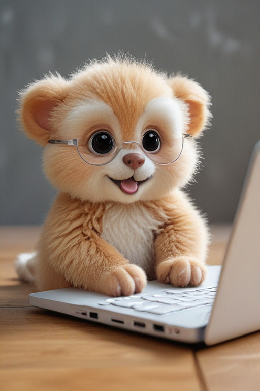 Cute animal writing on a laptop, 3d picture