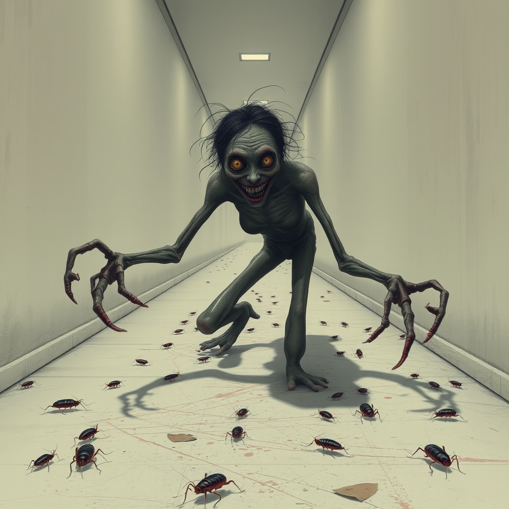 a crooked female with long arms and a creepy smile is crawling along a long white corridor and you can also see cockroaches in it there is a creepy atmosphere creepy art style
