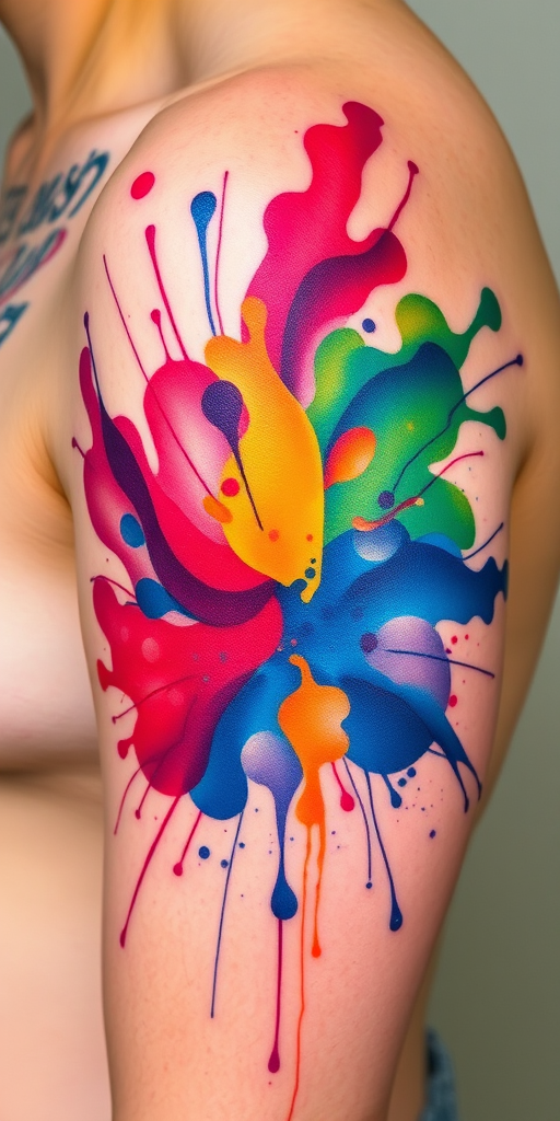 Watercolor splash tattoo called "Chromatic Explosion" resembling an abstract painting with vibrant hues blending and splashing across the skin in a seemingly random pattern