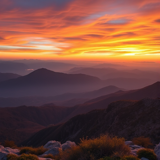 Generate a high-resolution image of a serene mountain landscape during sunrise with vibrant colors in the sky, use a 35mm lens, aperture f/8, ISO 100, shutter speed 1/125 sec, shot from a slightly elevated viewpoint to capture the foreground and background, style it in HDR photography for enhanced detail and dynamic range.