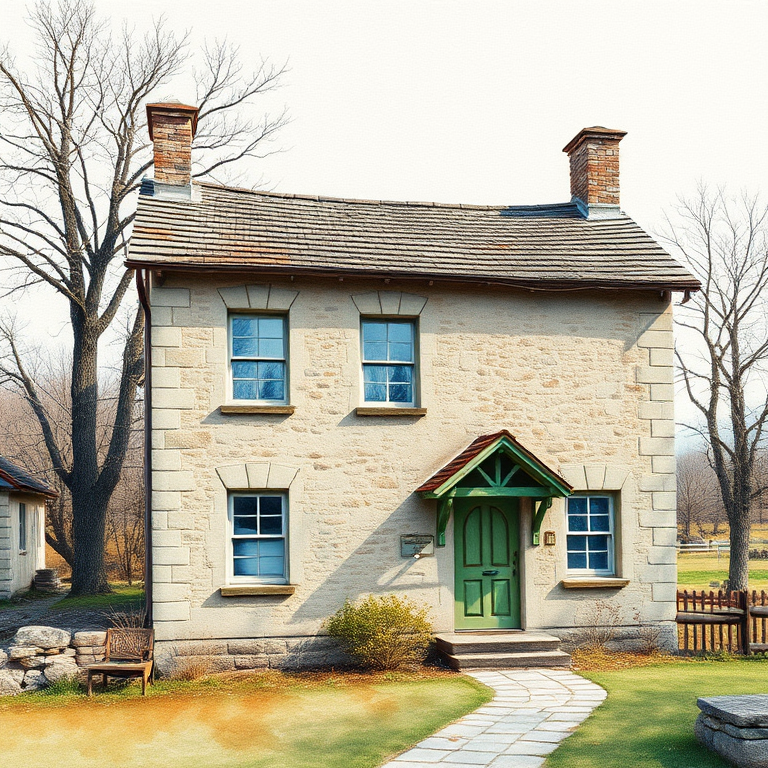 Regenerate a watercolor painting of a quaint, old stone house with three windows, a prominent chimney, and a decorative front door, set in a serene landscape with leafless trees, using a Canon EOS R5 with a 50mm lens, aperture f/8, ISO 100, and a focus on vibrant colors and fine details.