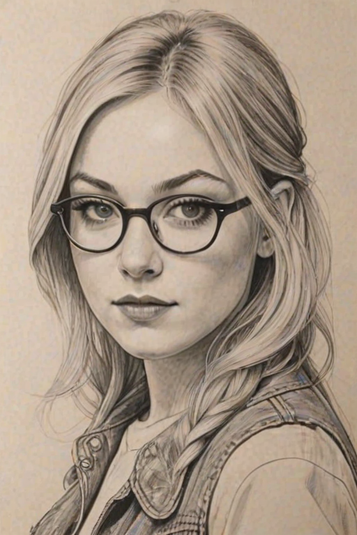 Alluring Emily Kinney, pencil sketch, portrait of Fetching woman 1976s in glasses, hair style beatnik, outline, clear lines, fine lines, 8k