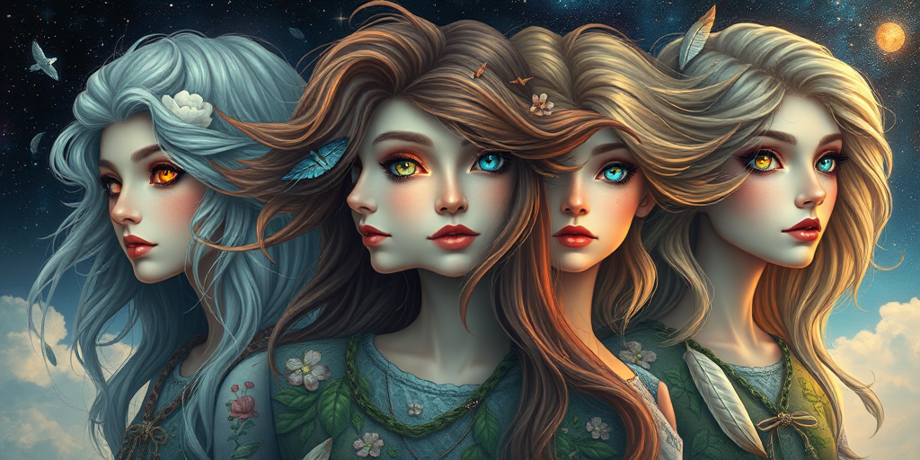 Create a series of imaginative portraits where each subject is infused with elements of fantasy and nature. The hair of the individuals should flow like clouds, varying from soft, fluffy cumulus to wispy cirrus strands, with hints of color reflecting a sunset or a clear blue sky. The eyes should be windows to entire galaxies, with stars, nebulae, and distant planets visible within them. Clothing should be adorned with nature motifs, such as floral patterns that bloom and change, vines that seem to grow and wrap around, or feathers that shimmer with iridescence. Each portrait should capture a unique personality, blending human features with the ethereal beauty of the natural and cosmic world. The backgrounds can vary, from starry night skies to enchanted forests, adding depth and context to the magical realism of the portraits