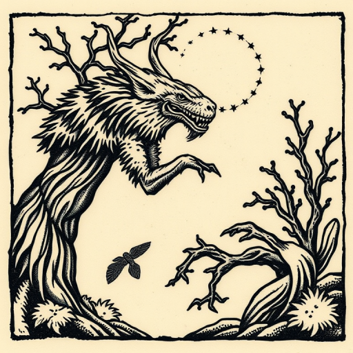 Woodcut tattoo called "Nature's Etchings" resembling traditional woodblock prints with bold lines and textured shading, portraying intricate natural scenes or mythological figures, known for its rustic and timeless appeal