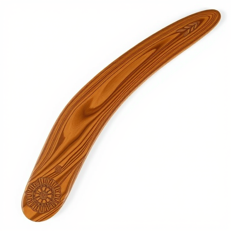 Create a highly detailed vector illustration of a boomerang, featuring intricate patterns and a polished wooden texture, captured with a Canon EOS 5D Mark IV, 50mm lens, f/1.8 aperture, ISO 100, soft natural lighting, and a clean white background to enhance color contrast and clarity.