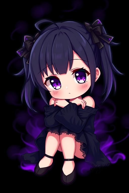 Airbrushed of an anime chibi girl, with black hair pigtails with purple and blue highlights with black and purple bows, with violet eyes, a cute black outfit, with black ballet flats, sitting down with her head perched on her arms, with a black and neon purple smoke with a black background