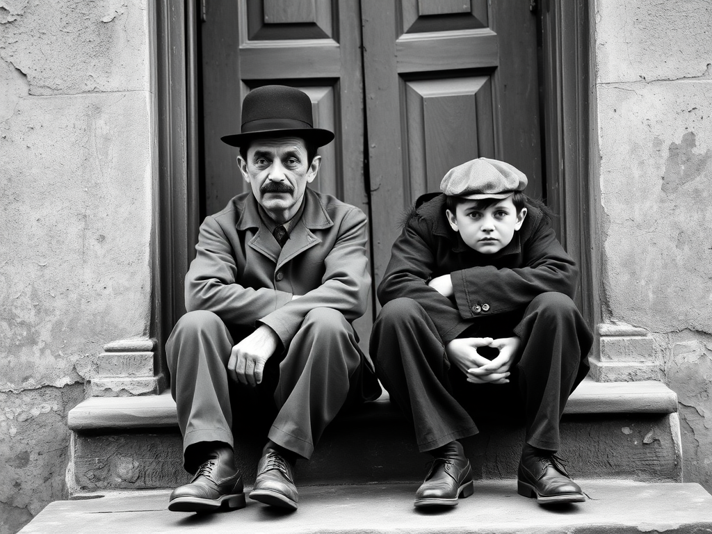A black-and-white photograph of a man and a child sitting on steps in front of a doorway. The man is dressed as a tramp with a bowler hat, mustache, and ragged clothes, reminiscent of Charlie Chaplin's iconic look. He is sitting with his arms crossed and an expression of slight sadness or frustration. Next to him is a young boy, also in worn clothes and a cap, sitting with his hands clasped, looking thoughtful. The background is an old, textured wall and a partially open door, creating a vintage, early 20th-century atmosphere.