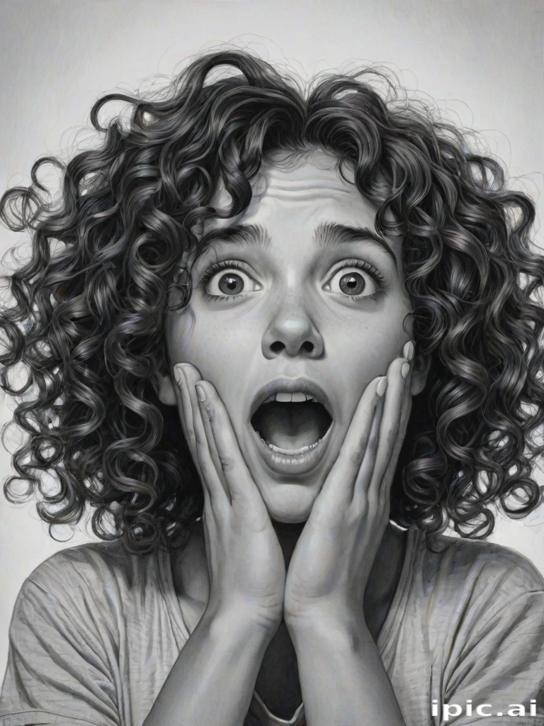 The image is a black and white illustration of a young girl with curly hair. She has a surprised expression on her face with her mouth open and her hands clasped together in front of her chest. Her eyes are wide and her eyebrows are furrowed. Her hair is styled in loose curls that are cascading down her back. The overall mood of the image is one of shock or surprise.