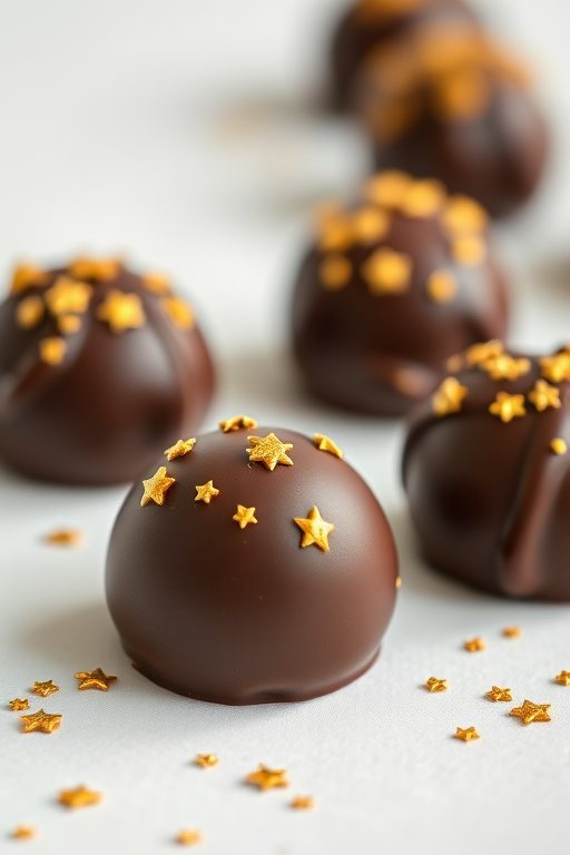 Close-up shot of chocolate truffles with gold star sprinkles on a soft-focus white background, using a Canon EOS R5, 50mm f/1.2 lens, ISO 100, aperture f/2.0, and a natural light setup for enhanced texture and detail.