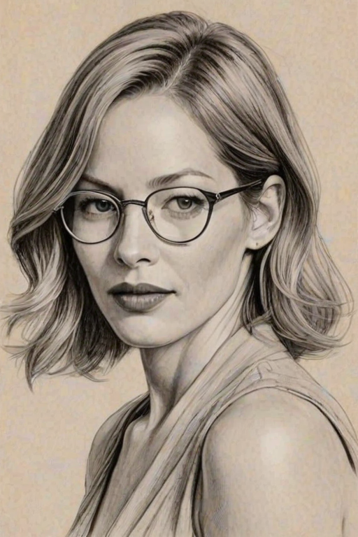 Beauteous Sienna Guillory, pencil sketch, portrait of Superb woman 1931s in glasses, hair style beatnik, outline, clear lines, fine lines, 8k