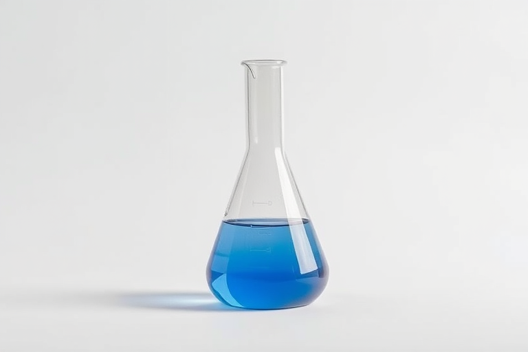 Create an image of a laboratory flask on a plain background, use a DSLR camera with a 50mm lens, set aperture to f/1.8, ISO 100, shutter speed 1/200 sec, capture with a high dynamic range view to enhance image quality and detail.