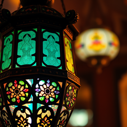 Create a close-up image of an ornate lantern with colorful glass accents, showcasing intricate patterns, use a 50mm lens at f/1.8, ISO 200, with a shallow depth of field to blur the background, captured in warm ambient light with a DSLR camera.