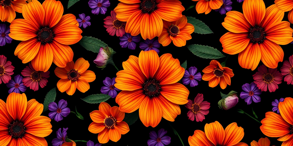 create a vibrant floral pattern with orange and purple flowers on a black background, use a macro lens with f/2.8 aperture, 50mm focal length, and ISO 100 for rich detail and vivid colors, captured in a digital art style with high contrast and smooth textures