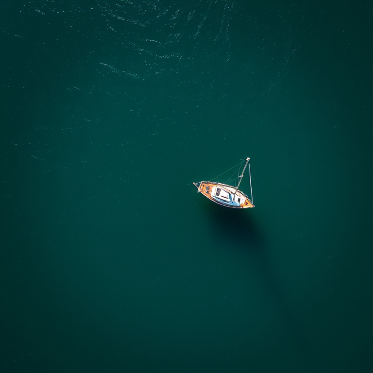 Generate an image of a sailboat on a body of water with a solid green background, using a DSLR camera, 50mm lens, f/2.8 aperture, ISO 100, 1/200 sec shutter speed, top-down view, in high dynamic range style.