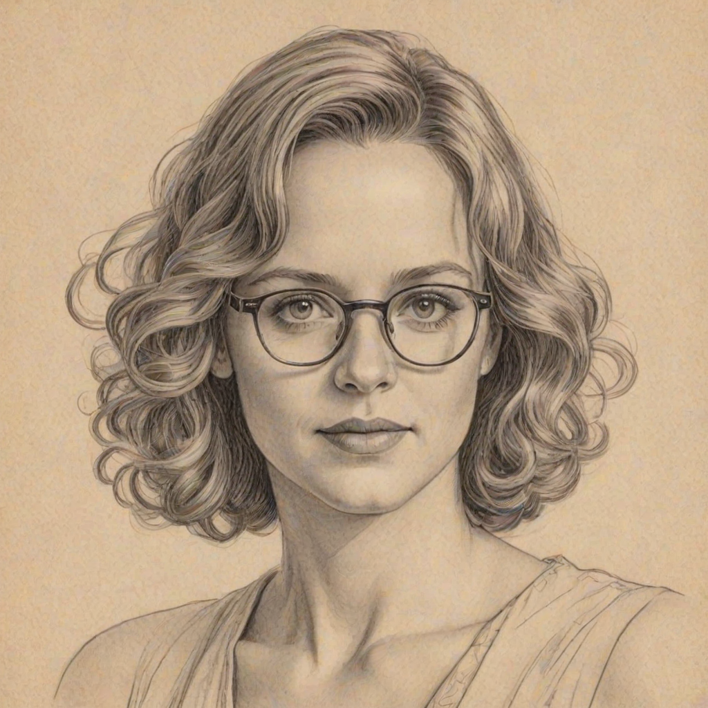 Fetching Andrea Barber, pencil sketch, portrait of Radiant woman 1926s in glasses, hair style beatnik, outline, clear lines, fine lines, 8k