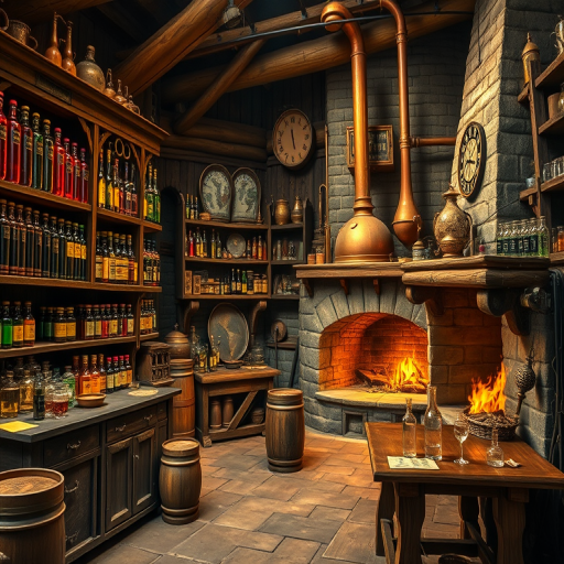 medieval alchemist's laboratory with shelves of colorful potions, a large copper distillation apparatus, a lit fireplace, rustic wooden furniture, warm ambient lighting, DSLR camera, f/2.8 aperture, 1/60 sec shutter speed, ISO 400, wide-angle lens, vibrant colors, high resolution, focused detail on textures.