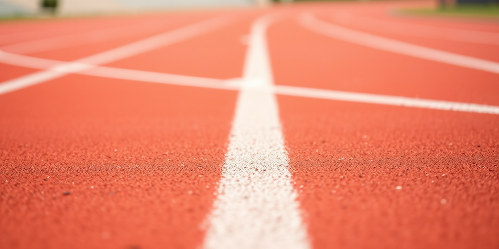 track and field running track with vibrant red surface and white lines, focus on a shallow depth of field to emphasize the texture of the track, captured with a DSLR camera using a 50mm lens at f/2.8, ISO 100, shutter speed 1/2000 seconds, natural daylight with slight shadows for enhanced contrast.
