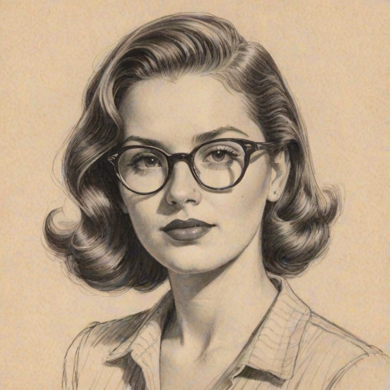 Sublime Dixie D'Amelio, pencil sketch, portrait of Sublime woman 1938s in glasses, hair style beatnik, outline, clear lines, fine lines, 8k