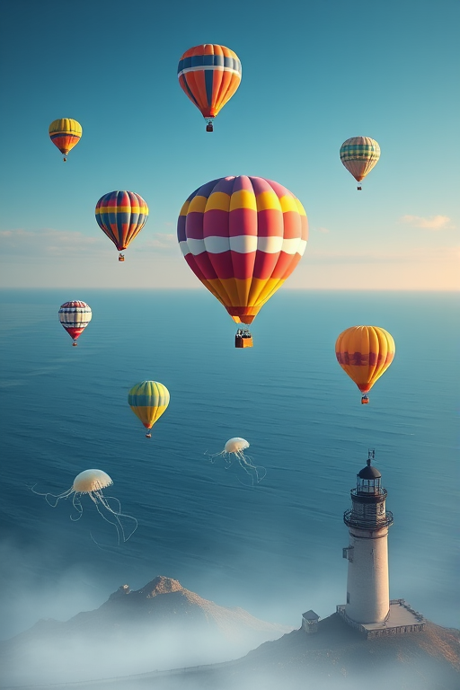 Create a surreal digital art piece featuring colorful hot air balloons floating over a serene ocean landscape, incorporating a lighthouse and a jellyfish, with a 35mm lens, f/8 aperture, ISO 100, shot in soft morning light, using a DSLR camera for enhanced image quality.