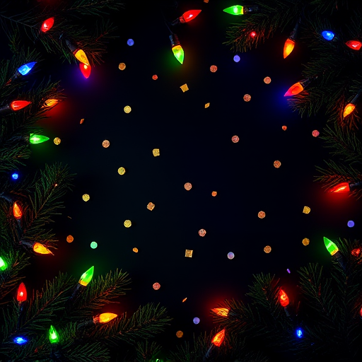 Create an image featuring a dark background adorned with colorful Christmas lights and pine branches. Include small round confetti pieces scattered across the scene to enhance the festive atmosphere. The composition should have a balanced arrangement of the branches and lights, creating a cozy holiday feel.