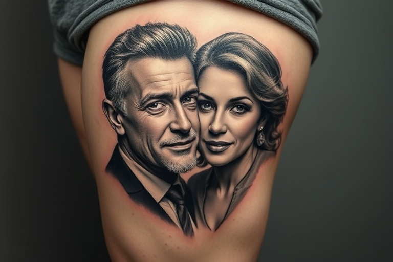 Stunning realistic portrait tattoo on the thigh, capturing the likeness of a loved one with incredible detail and lifelike shading, utilizing a combination of black and gray ink for a timeless monochromatic aesthetic