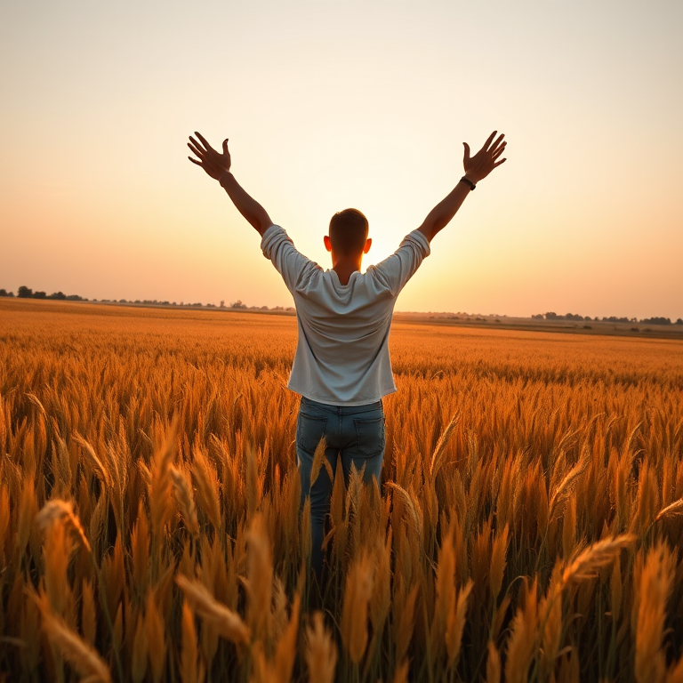 regenerate an image of a person standing in a golden field at sunset with arms raised, camera settings: ISO 100, aperture f/5.6, shutter speed 1/250s, wide angle view, landscape photography style, DSLR camera type