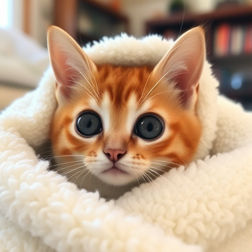 A cute cat with large, expressive eyes wrapped in a soft, fluffy white blanket, looking curiously at the camera, with a cozy indoor setting.