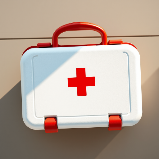 create a high-quality illustration of a white first aid kit with a red cross symbol on the front, shot with a Canon EOS 5D Mark IV, at f/8 aperture, ISO 100, in natural light, top-down view, vector style, vibrant colors