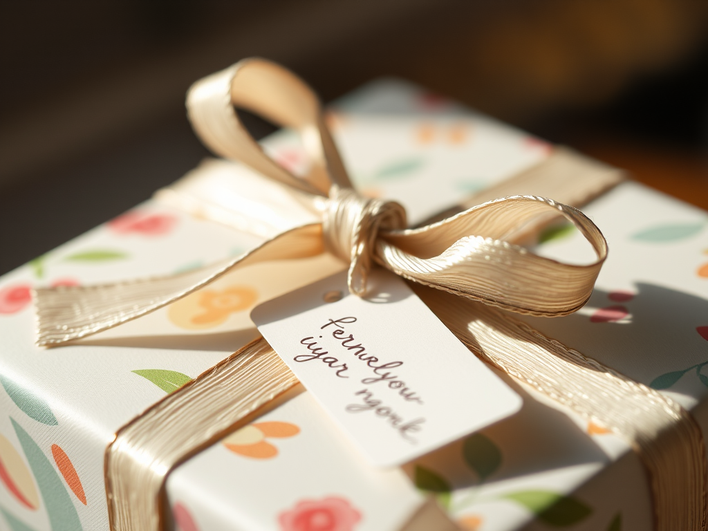 Close-up of a beautifully wrapped gift with a delicate bow, soft light highlighting the colorful paper and a handwritten tag resting on top.