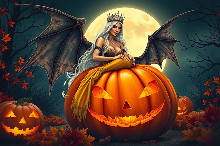 Create a detailed fantasy illustration of a queen with bat wings sitting on a large carved pumpkin under a full moon, with flowing white hair and a sparkling crown, vibrant with autumn colors, shot with a DSLR camera at f/1.8, ISO 200, 50mm lens, in soft focus with high dynamic range for enhanced clarity and saturation.
