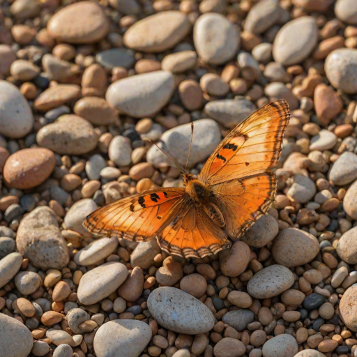 A vibrant orange and yellow butterfly with black markings is perched on a bed of small, brown pebbles in the warm, golden light of a setting sun. The butterfly is facing the viewer with its wings slightly raised, creating a sense of delicate movement. The background is a soft, blurred green and yellow, creating a gentle, natural atmosphere. The image is captured in a close-up perspective, focusing on the butterfly's intricate details and the warm glow of the sunlight.