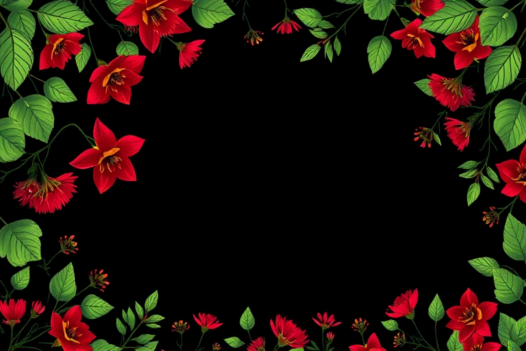 Create a high-resolution floral border illustration with vibrant red and green foliage on a black background, using a Canon EOS R5 camera, 50mm f/1.2 lens, f/8 aperture, ISO 100, and natural lighting for enhanced detail and color contrast.