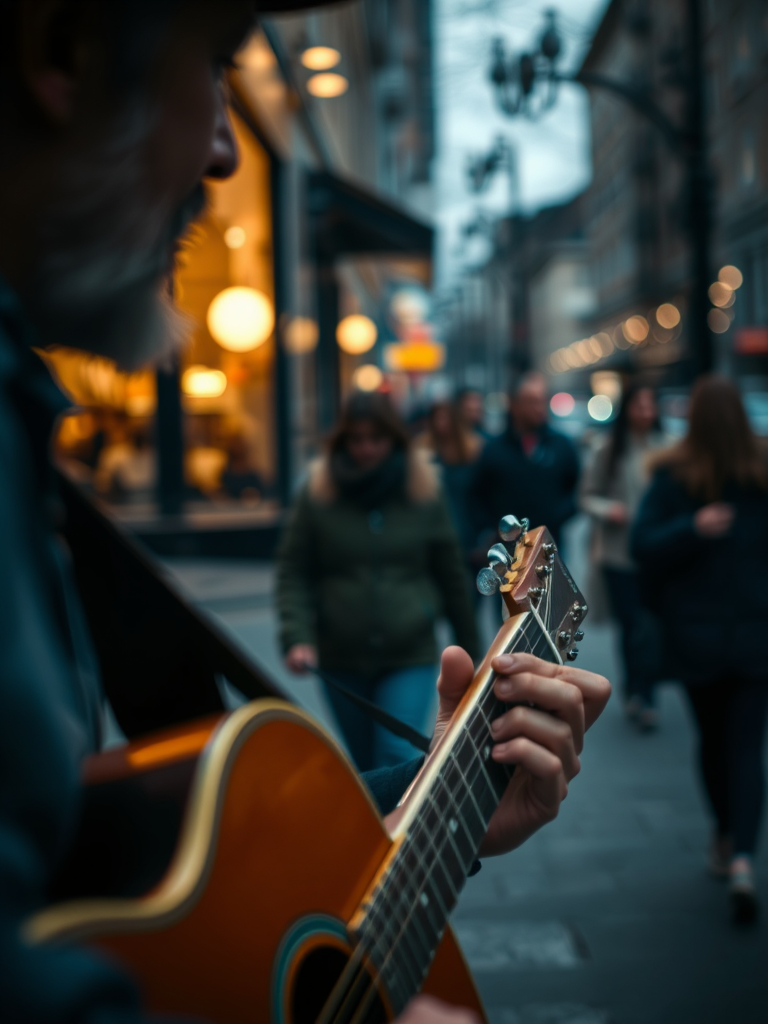 Blurry, candid photo of a musician busking on a busy street, soft focus on the guitar strings, distant pedestrians walking by, soft glow from a nearby cafewindow, and the sound of music filling the air.