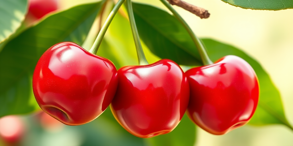 Create a vibrant illustration of three red cherries with green leaves, using a Canon EOS R5, f/4 aperture, ISO 100, 50mm lens, with a shallow depth of field and soft natural lighting to enhance colors and detail.