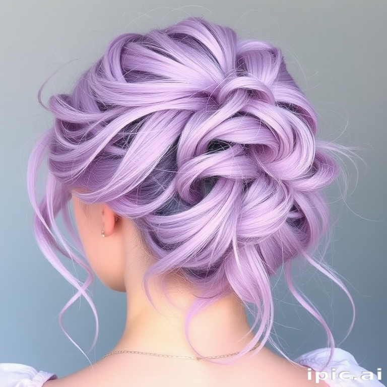 Pastel lavender locks styled in a messy updo with wispy tendrils, the Whimsical Whisper style embodies ethereal charm and dreamy softness, ideal for a fairy-tale inspired look