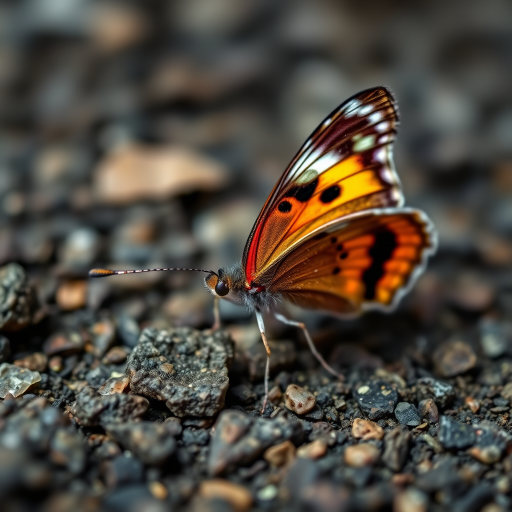 Close-up shot of a colorful butterfly on a rocky surface, taken with a Canon EOS R5, 100mm macro lens, f/8, ISO 100, 1/250s, natural light, with a shallow depth of field to emphasize details and vibrant colors.