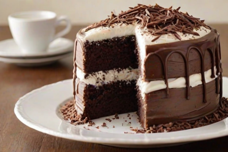 Generate an image of a layered chocolate cake with white frosting and shredded coconut on top. The cake should be sliced to show the rich chocolate layers and creamy filling inside. The background should be simple and elegant, highlighting the cake as the main focus.