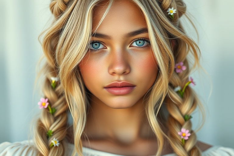 Create an image of a young Pacific Islander woman with long, wavy blonde hair, adorned with small, colorful flowers woven into her braids and loose strands. Her complexion is fair, with soft, glowing skin, and she has light blue eyes that gaze softly at the viewer. She wears a light, flowing dress with a gentle, ethereal quality, complementing her delicate and serene appearance. The background is slightly blurred, drawing focus to her tranquil expression and the intricate details of the flowers in her hair. The overall mood of the image is one of natural beauty and grace, evoking a sense of peacefulness and connection with nature.
