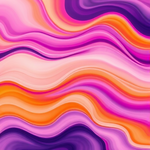 Create a vibrant abstract pattern with flowing waves in shades of purple, orange, and cream, shot with a Canon EOS R5 at f/8, ISO 100, 1/125 sec, using a macro lens to enhance detail and texture.