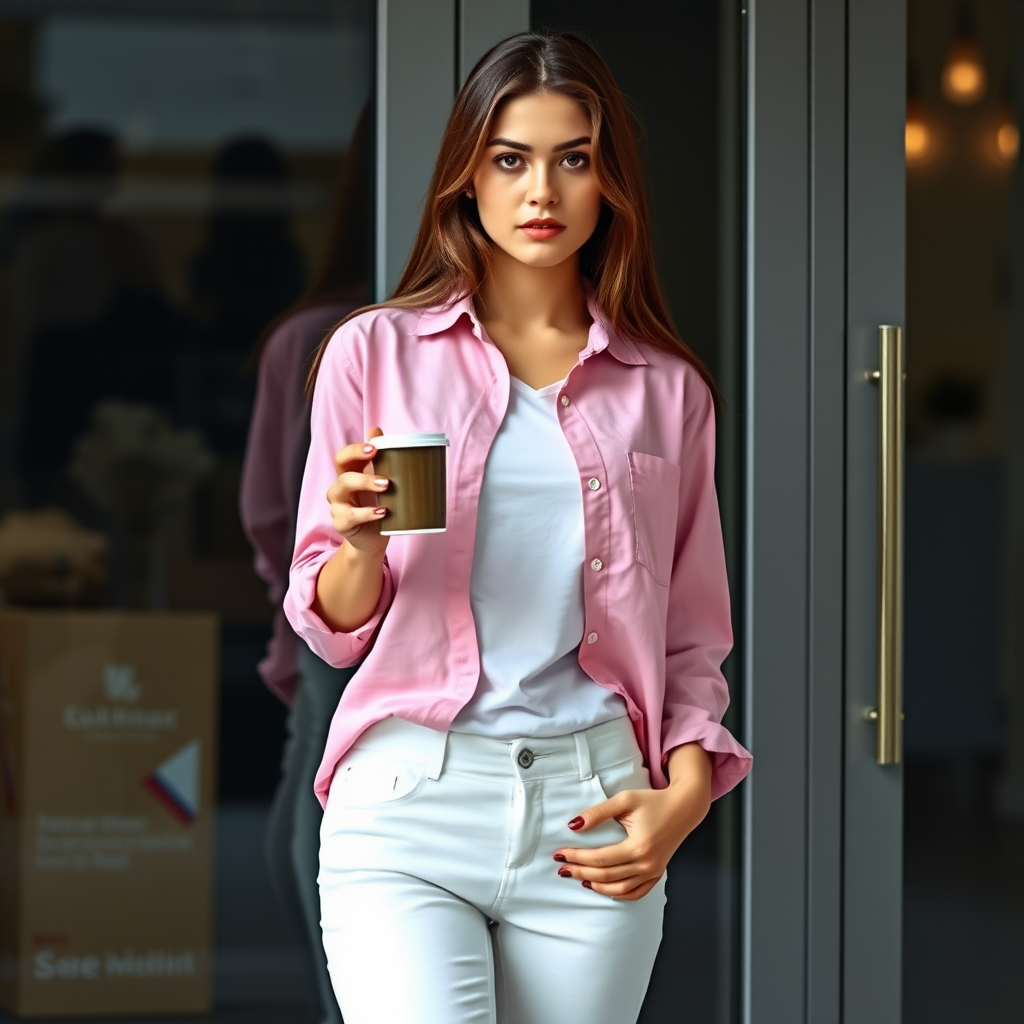 A young woman with long brown hair stands with her back against a glass door, wearing a pink button-down shirt over a white T-shirt and white pants, holding a cup of coffee in her right hand. The woman is looking directly at the viewer, her expression is neutral. Her right hand is tucked into the pocket of her pants while her left hand holds the coffee cup. The lighting is soft and natural, highlighting her features. The background is blurred, with the focus on the woman. The photo is taken from a slightly elevated perspective, showcasing the woman's full figure.