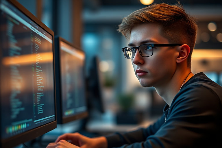 indoor portrait of a focused young man coding at dual monitors, studio lighting, shallow depth of field, ISO 100, f/1.8, 50mm lens, soft bokeh background, high resolution, DSLR camera