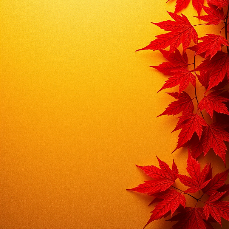 Create a textured background with a warm golden hue, featuring vibrant red maple leaves gracefully arranged at the top left and bottom right corners, taken with a DSLR camera at f/2.8 aperture, 50mm lens, ISO 100, and soft natural lighting to enhance the colors and details.