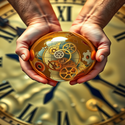 Create an image of two hands holding a golden, gear-filled globe above a background of a clock face with flowing water reflections, use a Canon EOS R5 camera with a 50mm f/1.2 lens, set aperture to f/2.8, shutter speed to 1/125s, ISO 100, and shoot in natural lighting for enhanced detail and texture.