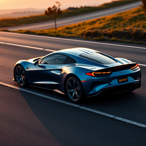 Generate an image of a luxury sports car parked on the side of a road during what appears to be dawn or dusk, given the soft light and shadows. The car should have a sleek design with aerodynamic features, a low-profile stance, and large, alloy wheels. It should display a contemporary color scheme, possibly a unique shade of blue that matches well with the ambient light in the setting. The vehicle's bodywork should gleam, reflecting the surrounding environment, and it should have distinctive lighting accents that enhance its sporty appearance. In the background, there should be a roadside with a grassy embankment on one side and possibly some trees or shrubbery along the edge of the pavement. The overall mood of the image should convey a sense of luxury, speed, and the tranquility of an early morning or late evening drive.