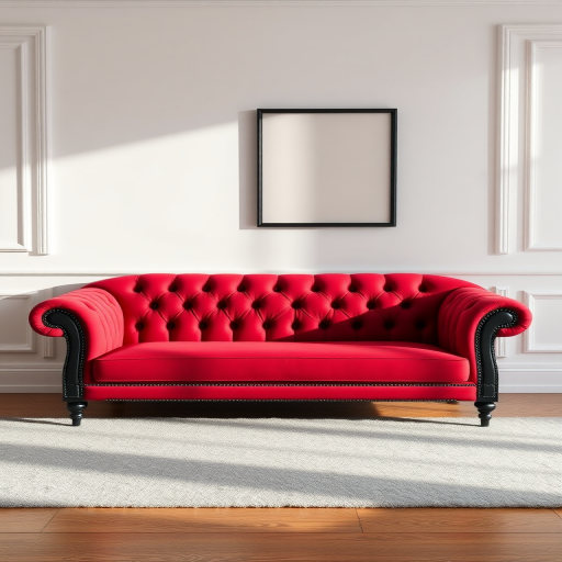 Create a high-resolution image of a tufted red sofa with a black frame, using a DSLR camera with a 50mm lens, aperture f/2.8, ISO 100, shot from a straight-on angle to enhance detail and color vibrancy.