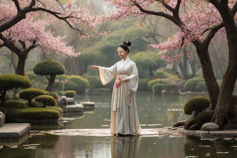 animanflux,This is a surrealistic realistic photography,in traditional Chinese attire, Tang dynasty, An anthropomorphized crane is gracefully stretching its wings in the Lake Pavilion of a classical Chinese garden. The garden is centered on water, surrounded by rockeries, pavilions, flowers and trees, forming a harmonious natural picture. The crane's eyes were clear and serene, with a faint smile on its face, as if it was admiring the beauty of its surroundings. It is wearing a white robe embroidered with cloud patterns and cranes flying, showing an extraordinary temperament, and the hem of the robe swings gently with its movements, as if echoing the breeze in the garden. In the garden, lotus flowers are in full bloom and the crane's robe swings gently with the wind, filling the whole scene with tranquility and harmony. The sunlight through the branches of the willow tree sprinkled on the crane, forming a dappled light effect, while the soft feathers of the crane and the hard rock form a contrast in texture, the embroidered flowers on the robe and the lotus in the pond show the details of the delicate texture of the picture, the whole scene is like a quiet painting of the classical Chinese garden