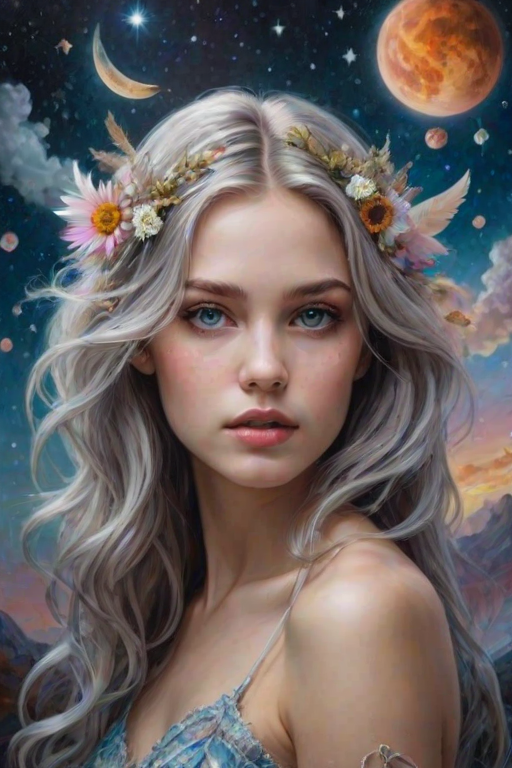 Create a series of imaginative portraits where each subject is infused with elements of fantasy and nature. The hair of the individuals should flow like clouds, varying from soft, fluffy cumulus to wispy cirrus strands, with hints of color reflecting a sunset or a clear blue sky. The eyes should be windows to entire galaxies, with stars, nebulae, and distant planets visible within them. Clothing should be adorned with nature motifs, such as floral patterns that bloom and change, vines that seem to grow and wrap around, or feathers that shimmer with iridescence. Each portrait should capture a unique personality, blending human features with the ethereal beauty of the natural and cosmic world. The backgrounds can vary, from starry night skies to enchanted forests, adding depth and context to the magical realism of the portraits